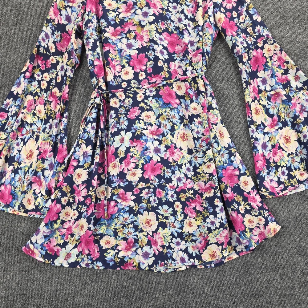 55-LuLu's Dress Wmns Medium Navy Blue Floral Bell Sleeve Fit & Flare Mini A-Line - Picture 5 of 16